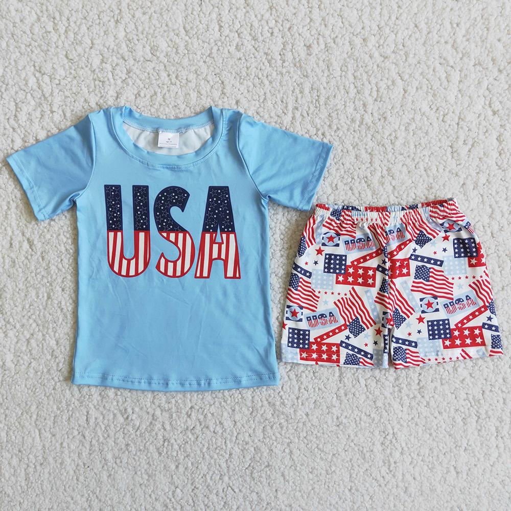 4th Of July Boys Blue Short Sleeve Outfits