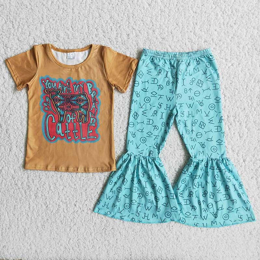 Brown Fashion Cattle Blue Bell-Pants Girls Outfits