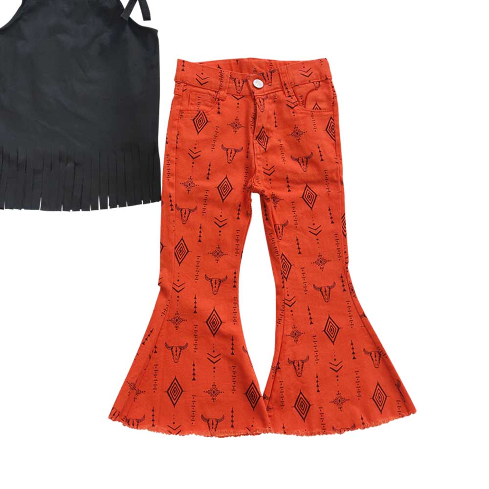 GSPO0561 Black Tassels Summer Top Match Orange Denim Jeans Baby Girls Set