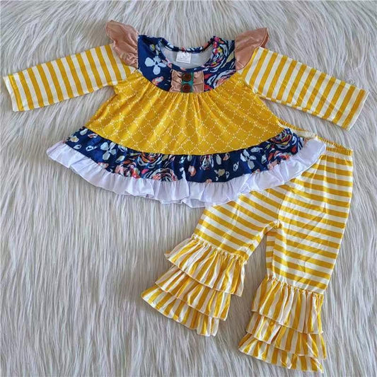 promotion 9.4 6 A20-11 Yellow Striped Print Baby Girls Set