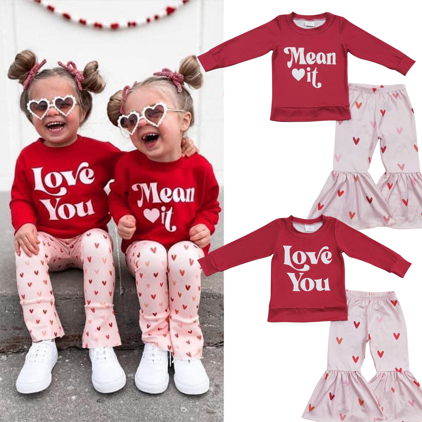 GLP0397 Valentine Red Long Sleeve Love You Heart Girls Outfits