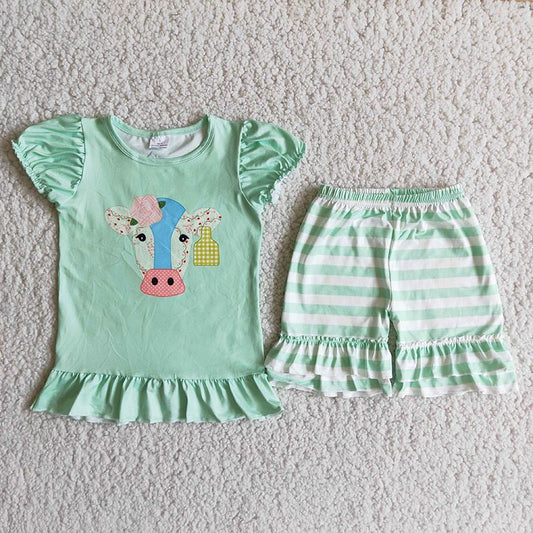 Green Cow Striped Print Short Girls Summer Set