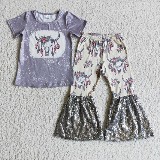 D1-14 Heifer Grey Bleach Design Sequin Bell Pants Set