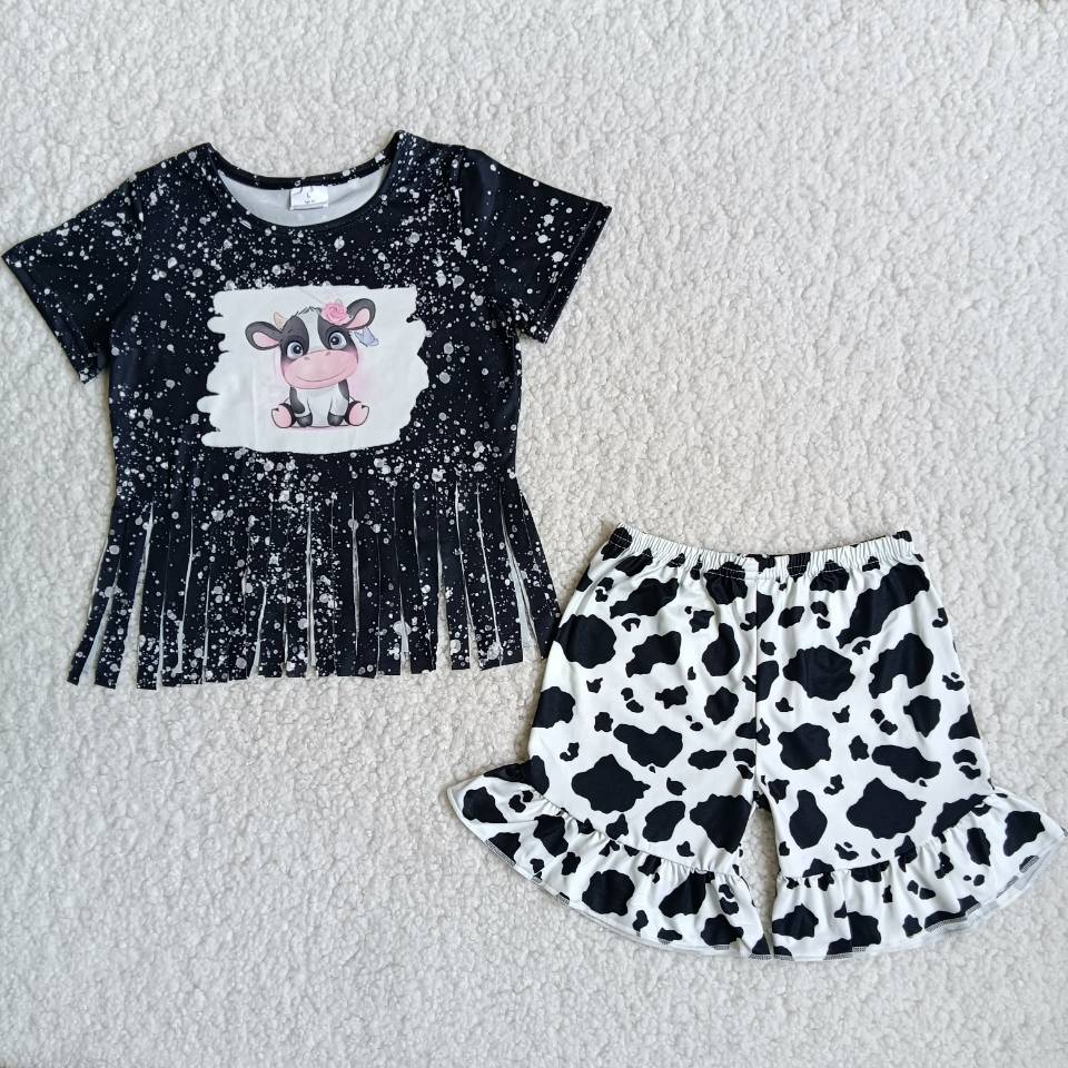 Heifer Black Bleach Tassels Cow Print Set