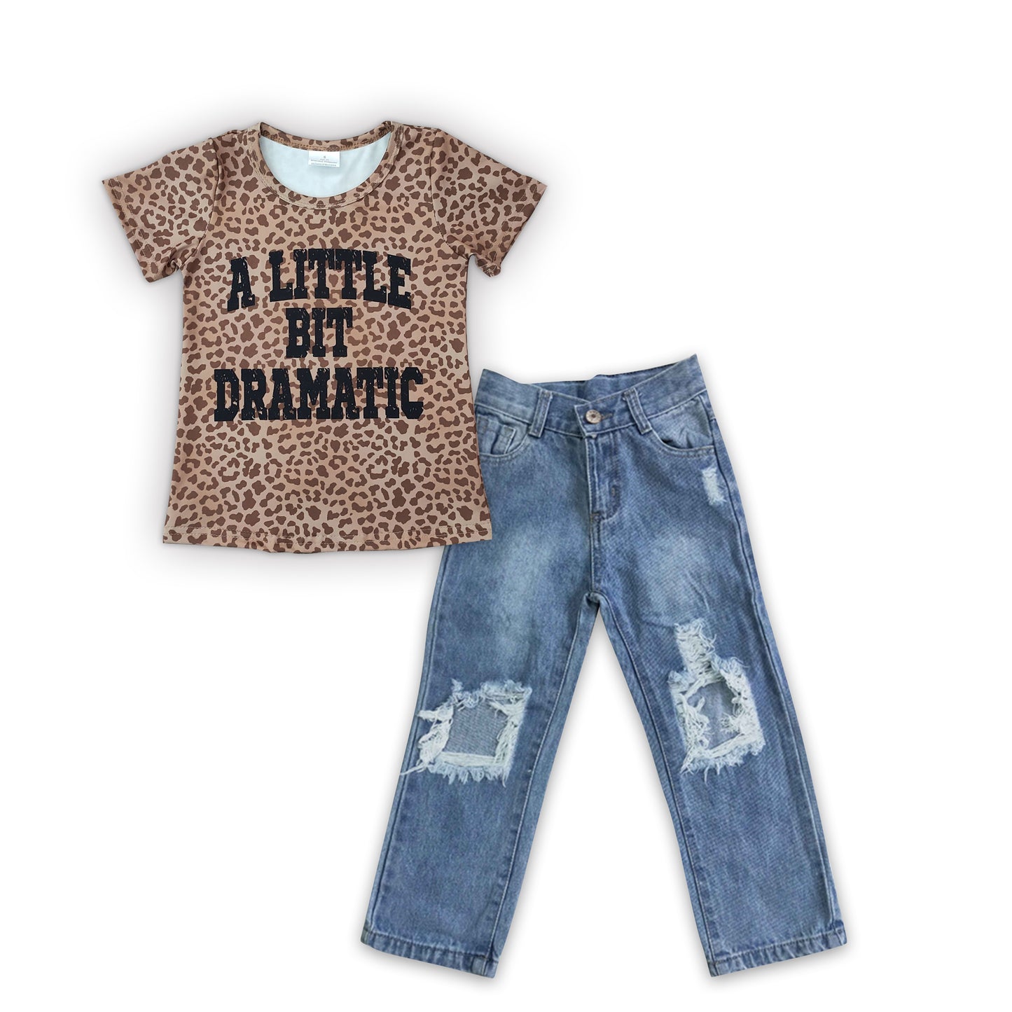 GSPO0642 A Little Bit Dramatic Leopard Print Denim Jeans Girls Set