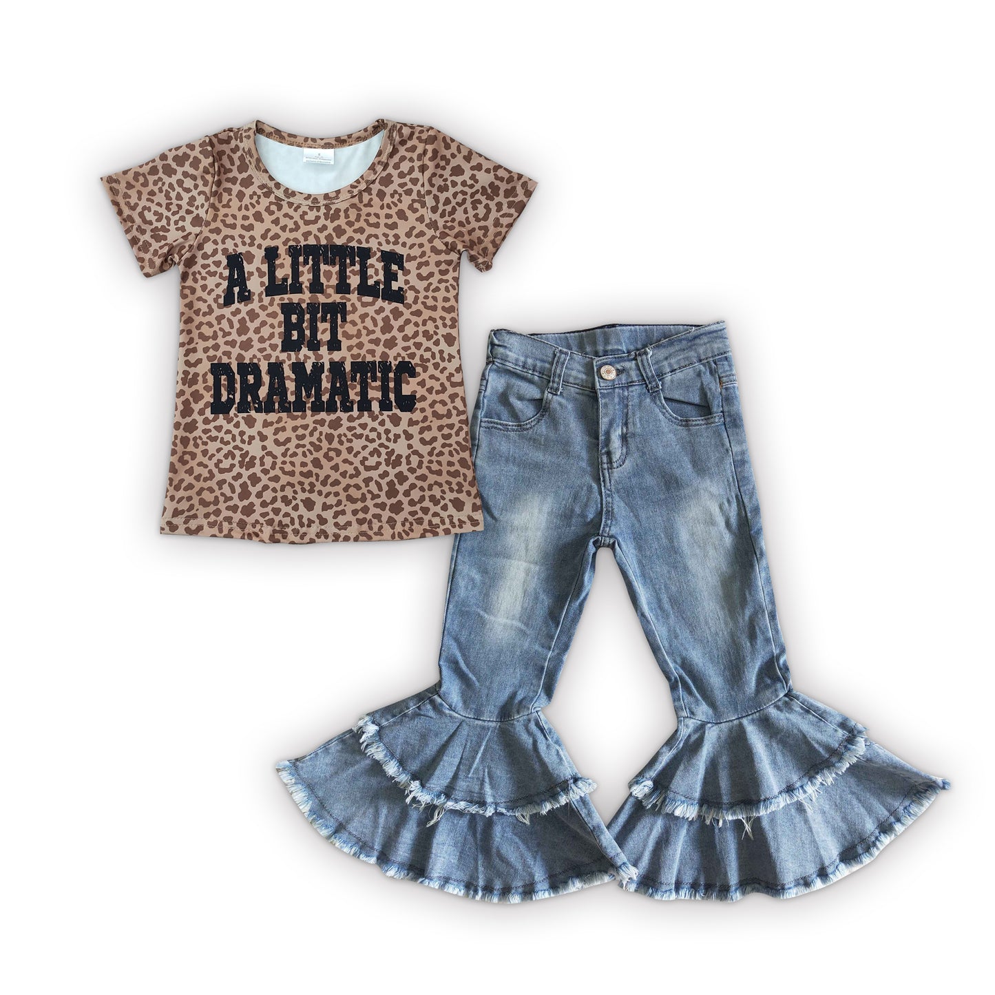 GSPO0643 A Little Bit Dramatic Leopard Print Blue Denim Jeans Girls Set