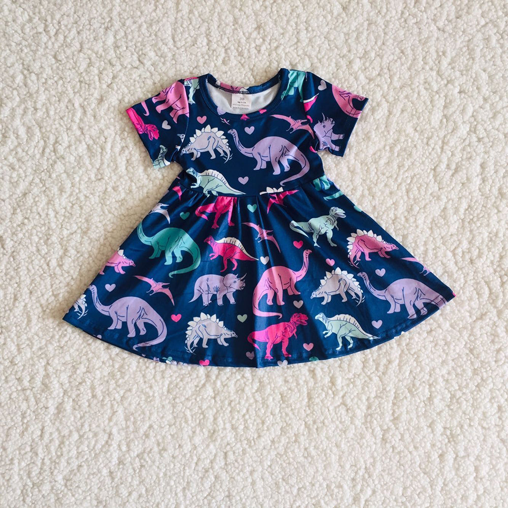 Navy Dino Cute Short Sleeve Baby Girls Summer Dress