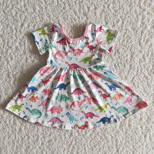 Pink Short Sleeve Sleeve Dino Baby Girls Twirl Dress