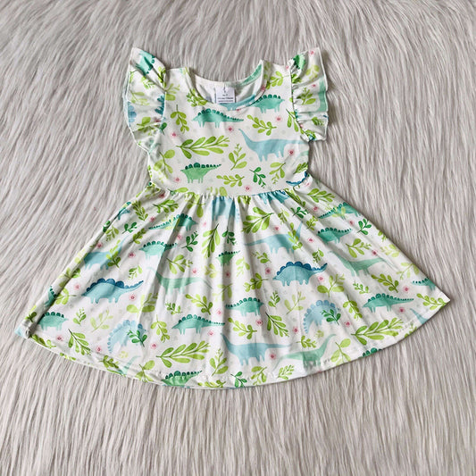 Green Dino Flutter Sleeve Baby Girls Twirl Dress