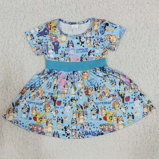 Blue Short Sleeve Dog Cute Cartoon Baby Girls Dress