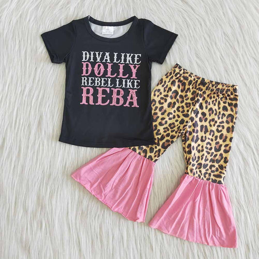 B14-16 Black Short Sleeve Baby Girls Leopard Print Set