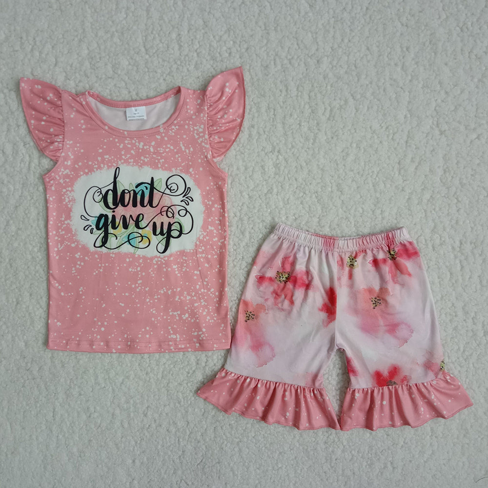 Don't Give Up Pink Bleach Design Floral Shorts Set