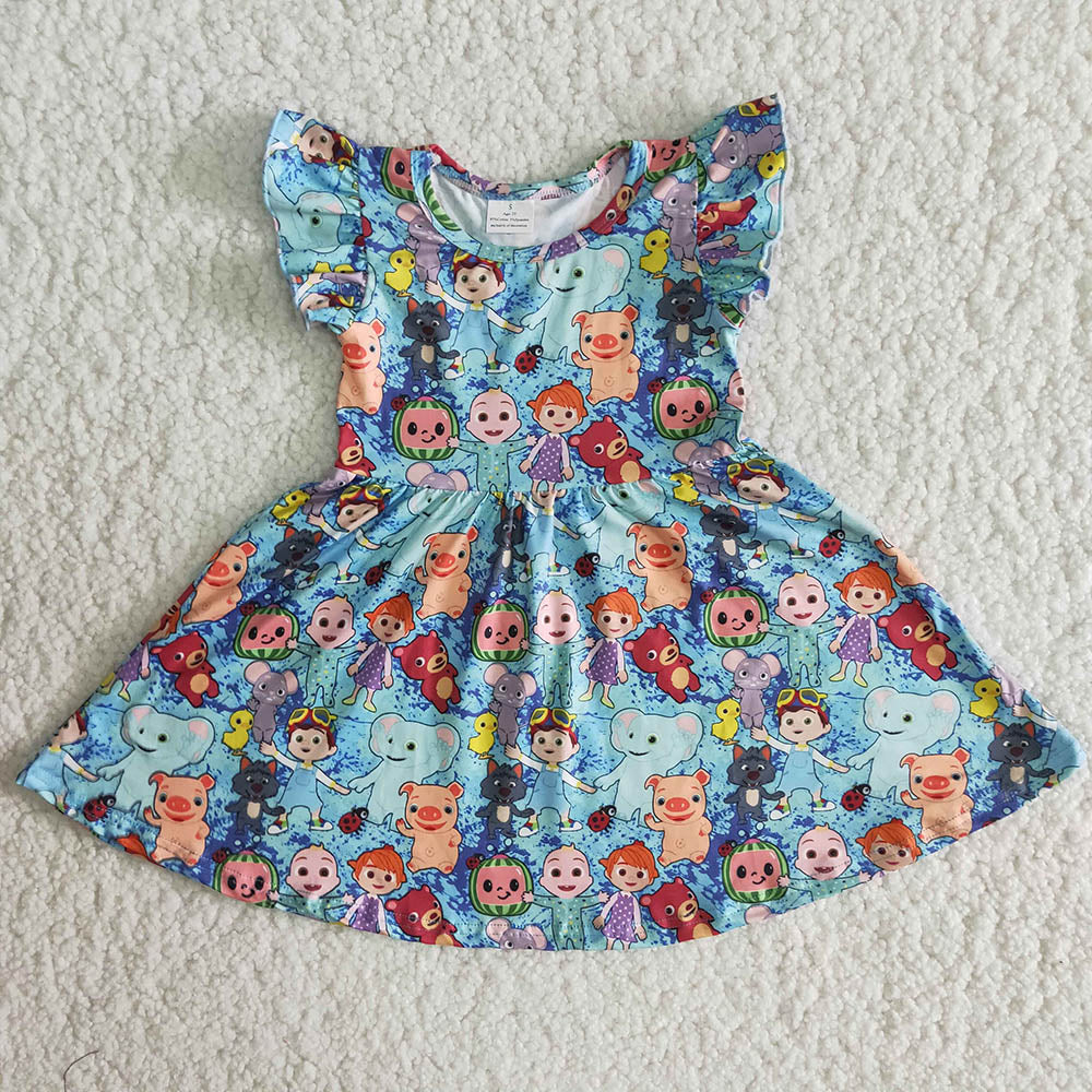 Blue Flutter Sleeve Melon Cartoon Girls Twirl Dress