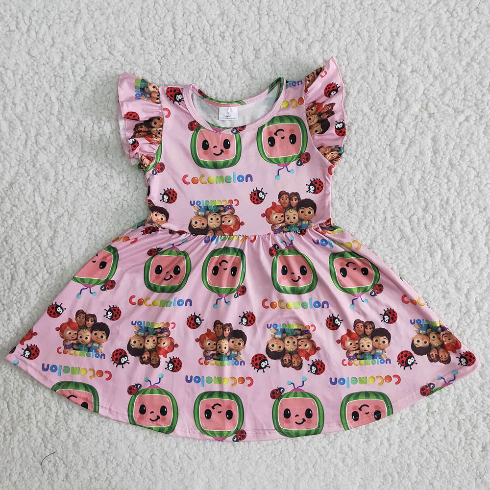 Pink Flutter Sleeve Melon Cartoon Girls Twirl Dress