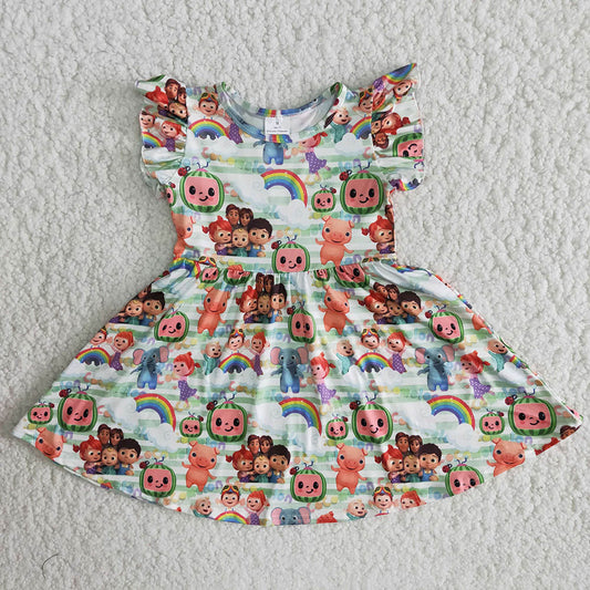 Green Flutter Sleeve Melon Cartoon Girls Twirl Dress