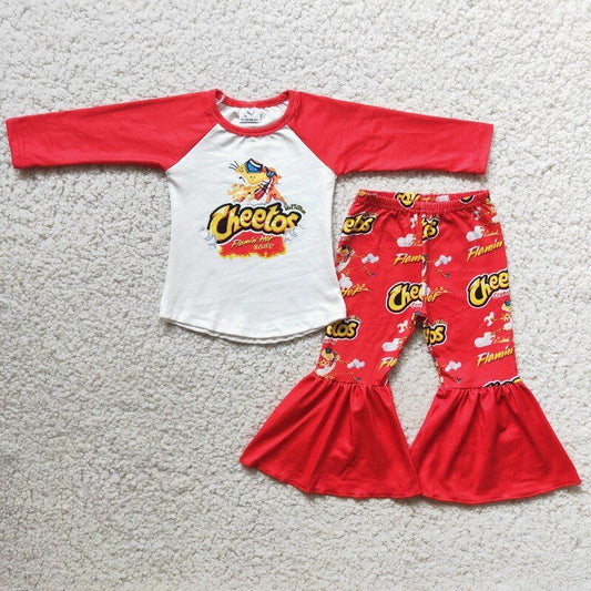 Red Long Sleeve Cartoon Bell-Pants Girls Outfits