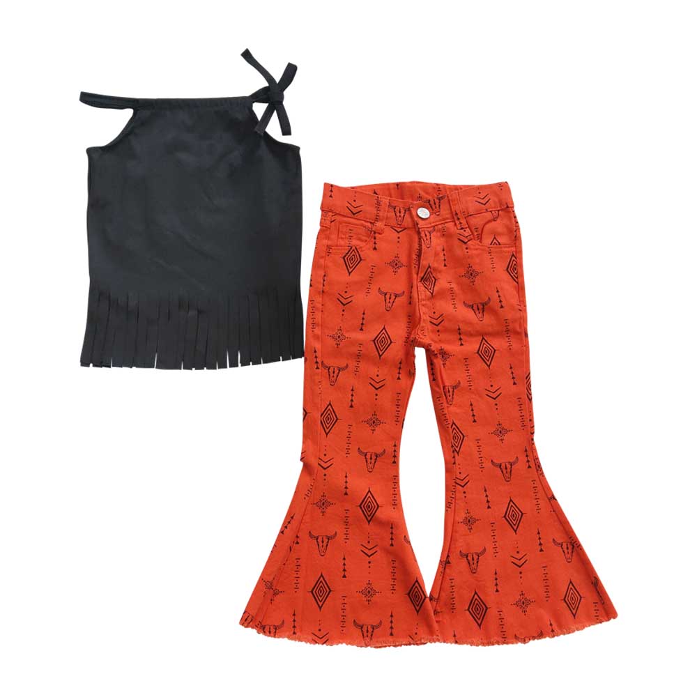 GSPO0561 Black Tassels Summer Top Match Orange Denim Jeans Baby Girls Set