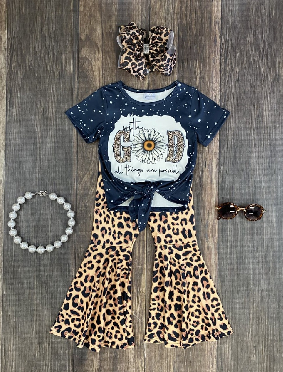 GSPO0478 With God All Thing Are Possible Sunflower Leopard Print Girls Outfits