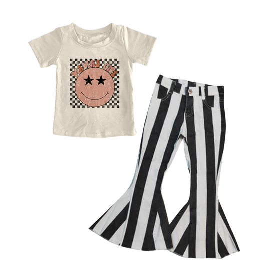 GSPO0544 Smile Mama's Girl Match Black Striped Print Denim Jeans Outfits