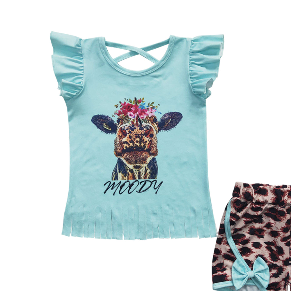 GSSO0197 Moody Blue Flutter Sleeve Leopard Print Shorts Girls Set