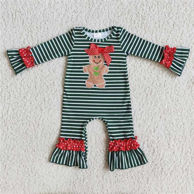 6 C10-6 Christmas Green Striped Print Gingerbread Girls Romper