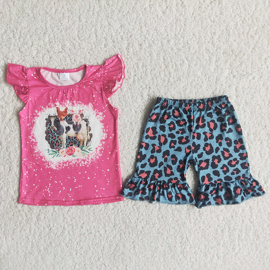 Hot Pink Bleach Design Farm Blue Leopard Print Girls Set