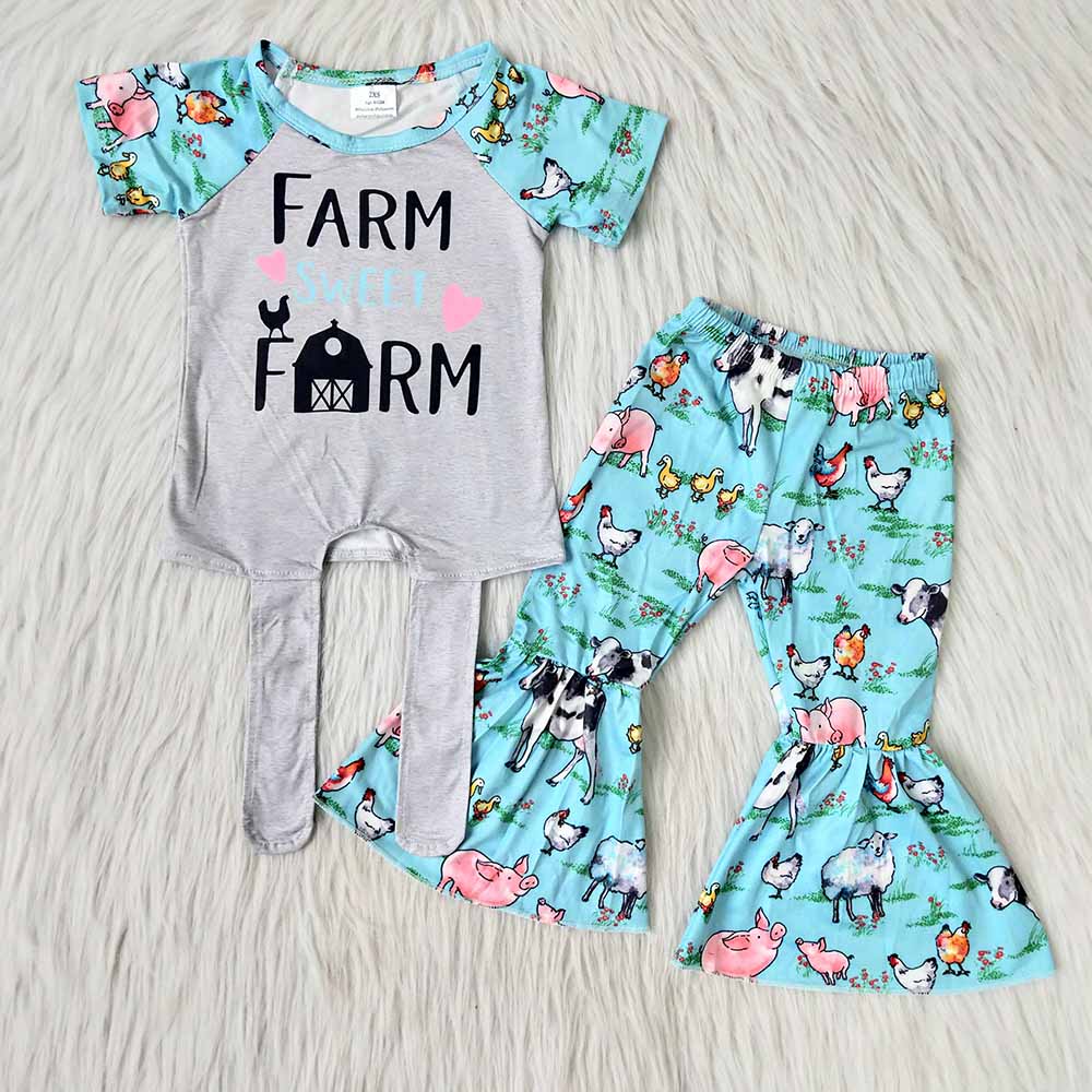 Farm Print Short Sleeve Girls Outfits