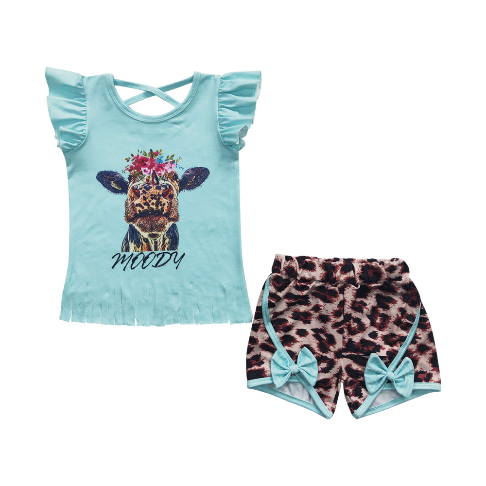 GSSO0197 Moody Blue Flutter Sleeve Leopard Print Shorts Girls Set