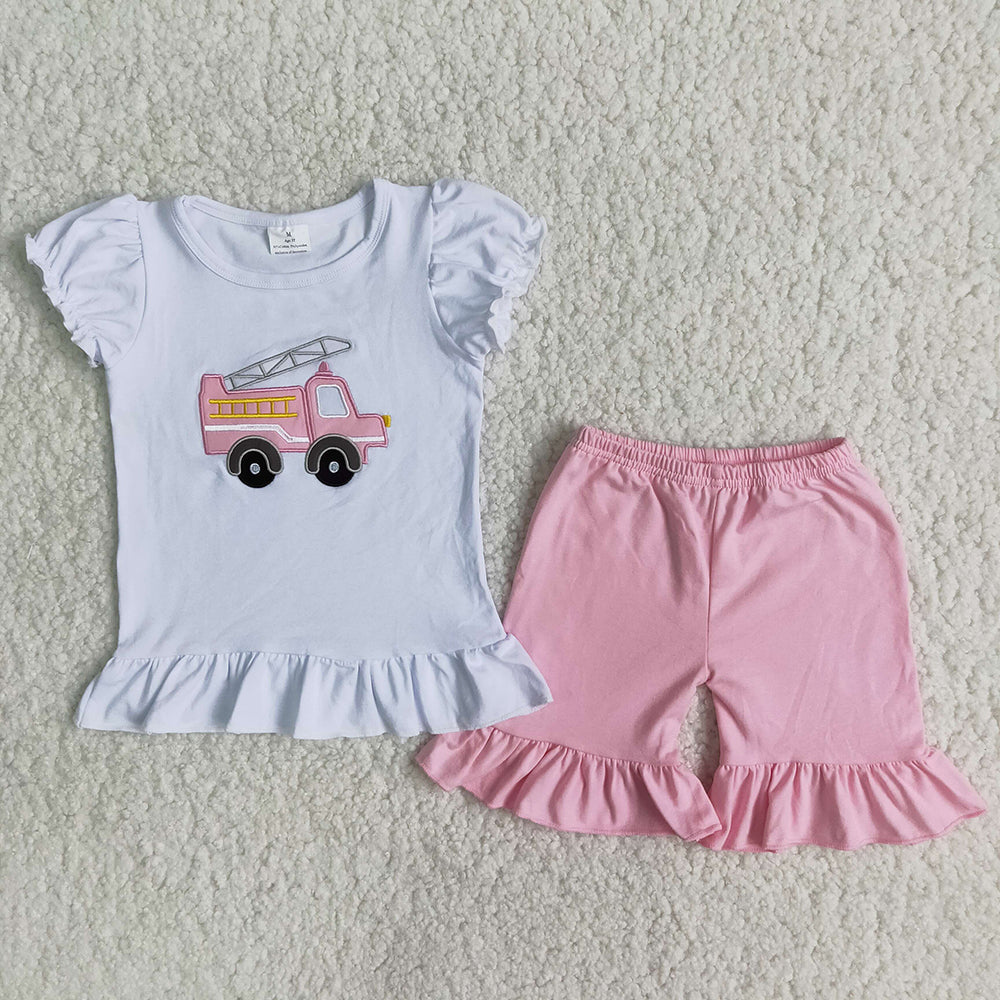 Embroidery Pink Fire Fighting Truck Summer Girls Set