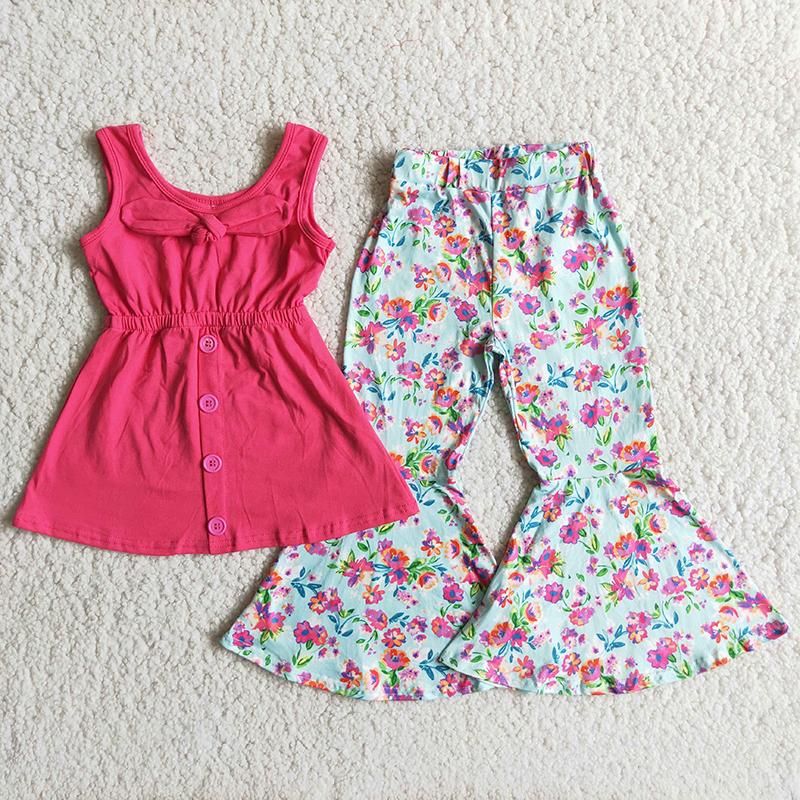 Hot Pink Dress Top Match Floral Print Bell Pants Set