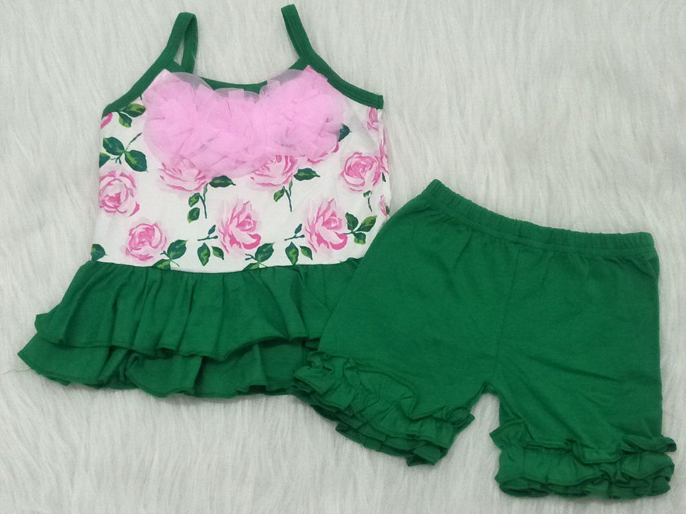 Green Summer Floral Girls Shorts Kids Outfits