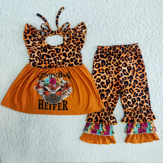 B10-14 Orange Heifer Flutter Sleeve Leopard Print Outfits