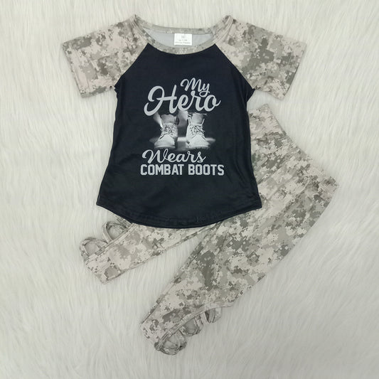 B11-24 $2.99 Girls Short Sleeve Camo Print Boots Outfits