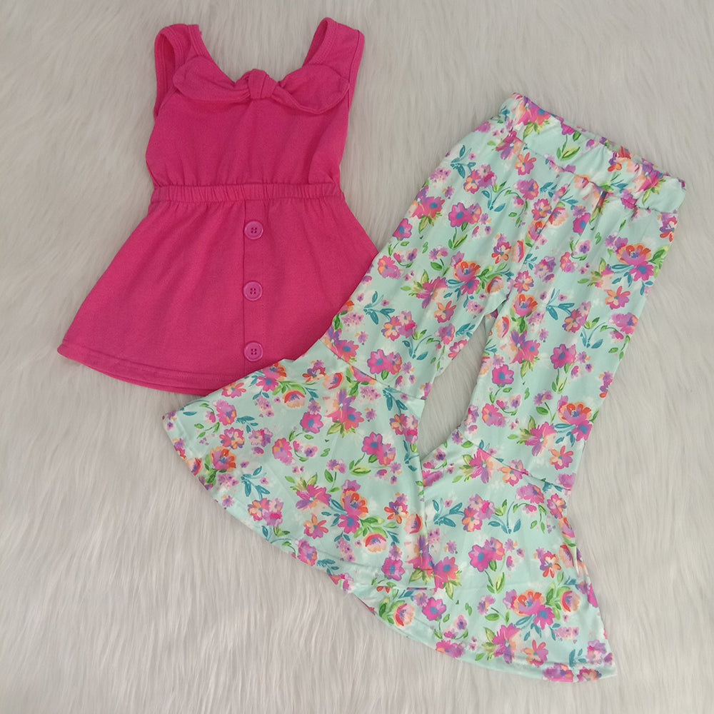 Hot Pink Sleeveless Flower Print Bell-Pant Girls Outfits