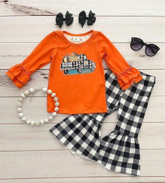 Baby Girls Pumpkin Truck Fall Long Sleeve Match Plaid Bell Pants Kids Outfits