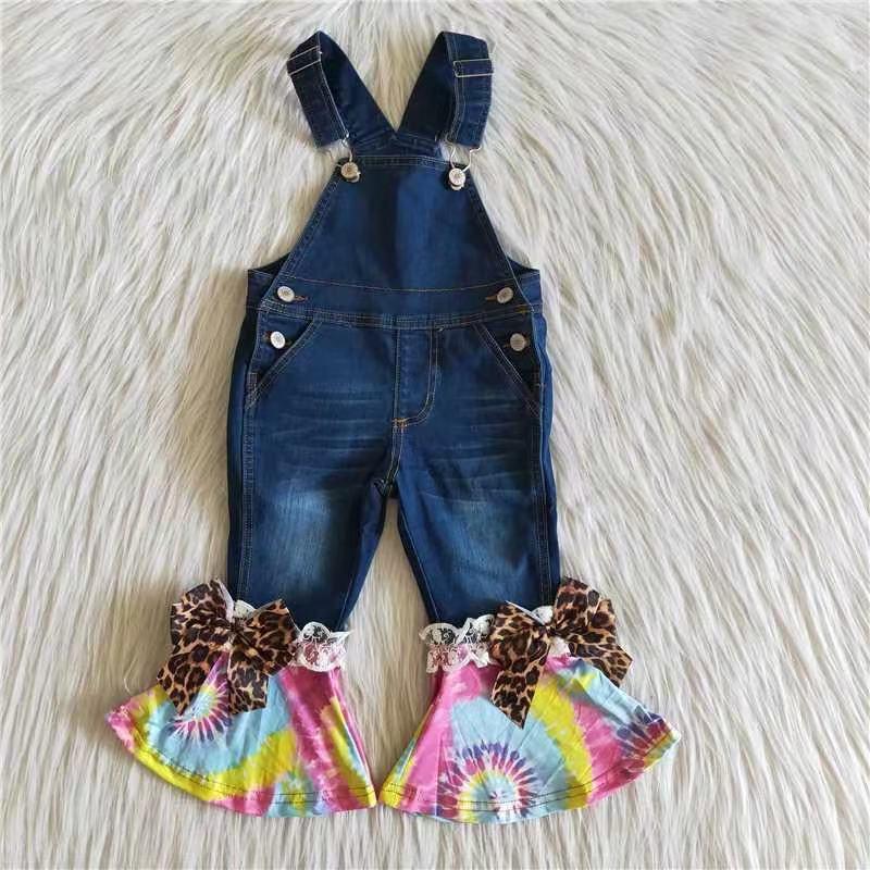 Overalls Baby Girls Tie Dye Ruffles Denim Jeans With Bow