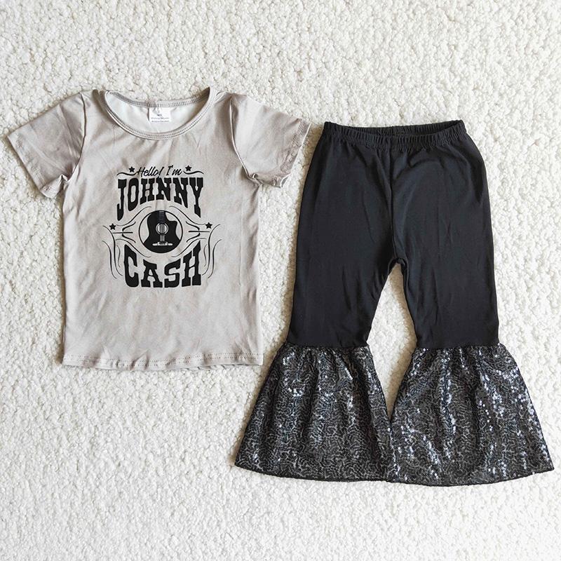 Grey Short Sleeve Fashion Match Black Sequin Pants Set