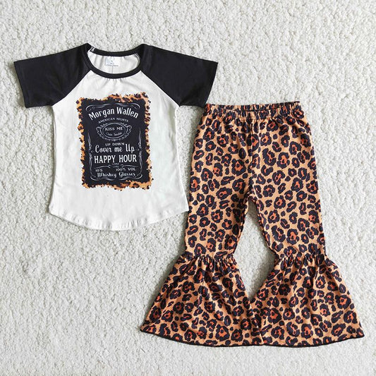 Black Short Raglan Sleeve Kids Leopard Print Kids Set