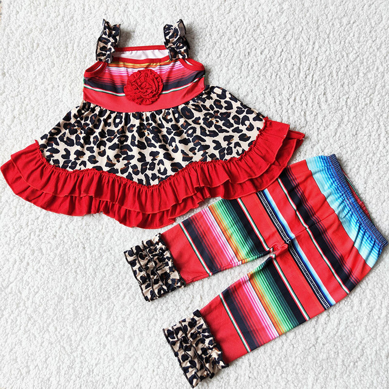 Red Flower Striped Print Leopard Print Girls Summer Set