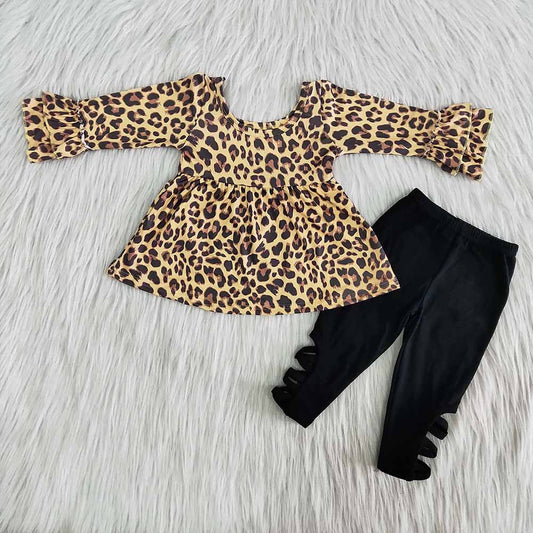 Long Sleeve Leopard Print Match Black Pants Girls Set