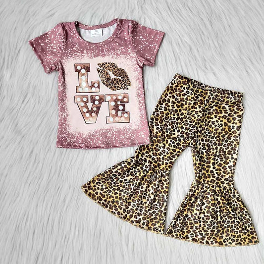 Leopard Print Bleach Design Love Valentine Baby Girls Set