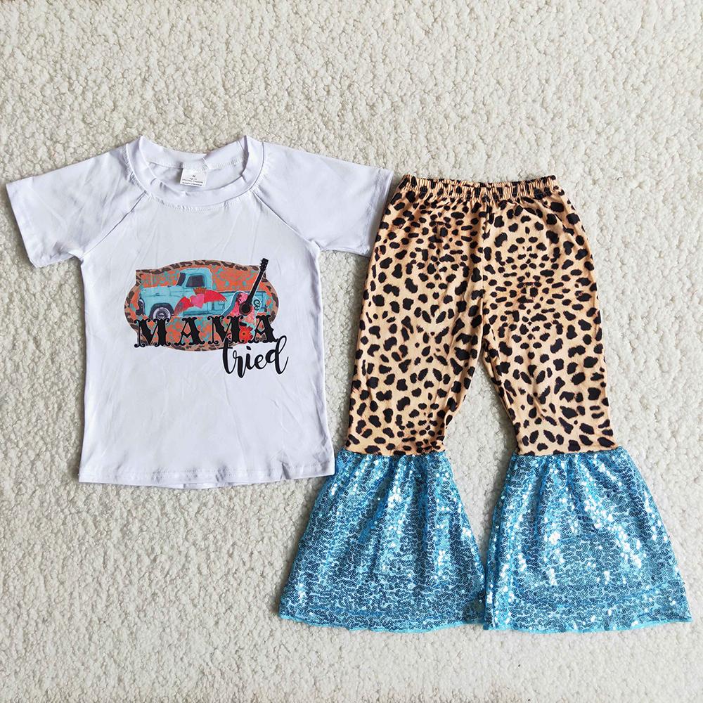 A6-11 Mama Tired Leopard Print Sequin Pants Girls Set