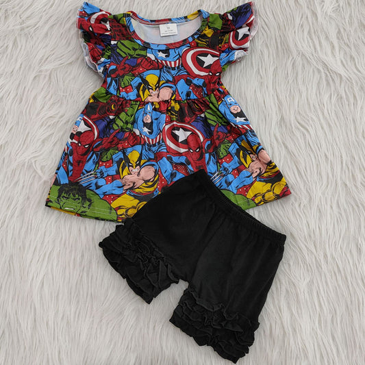 Cartoon Flutter Sleeve Black Shorts Girls Set