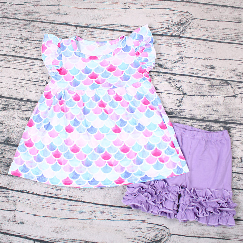 Flutter Sleeve Fish Summer Purple Shorts Girls Set