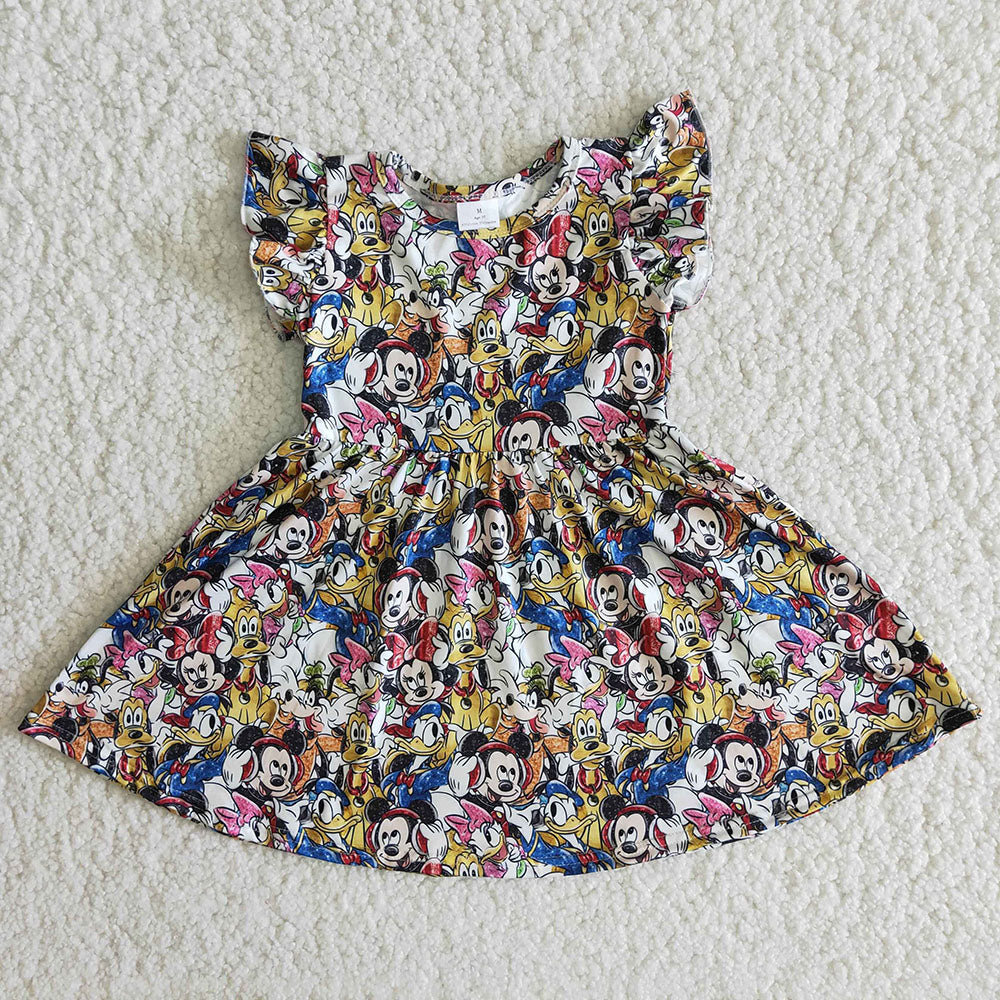 Cute Flutter Sleeve Cartoon Print Girls Twirl Dress