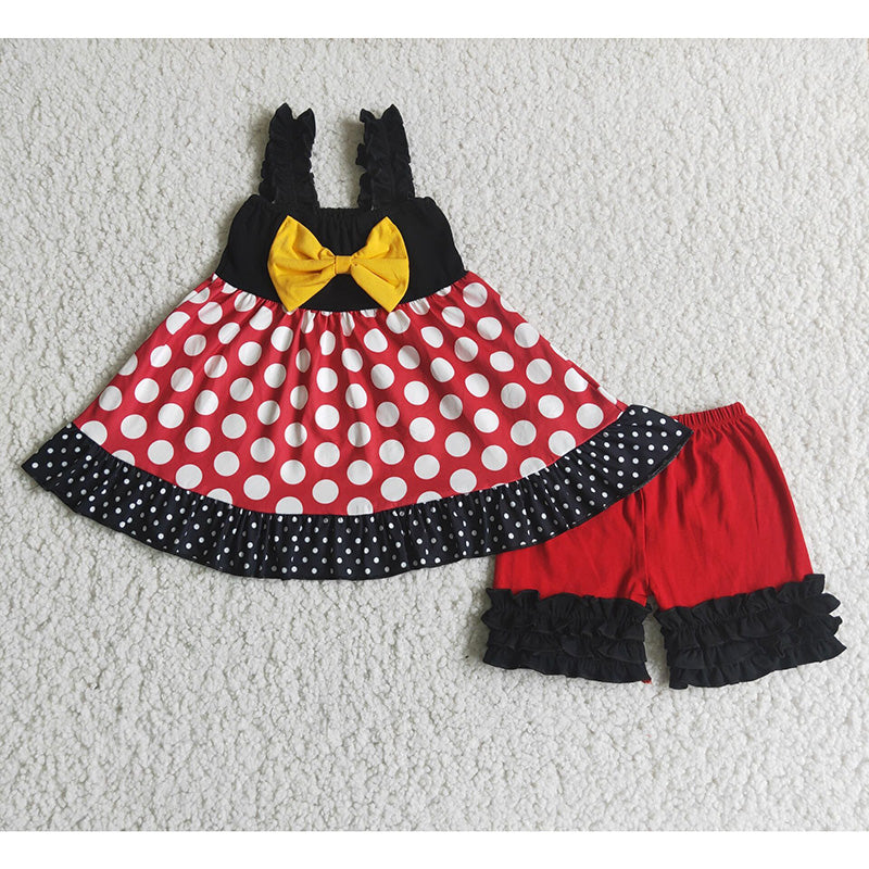 Cartoon Red Dots Ruffles Shorts Girls Set