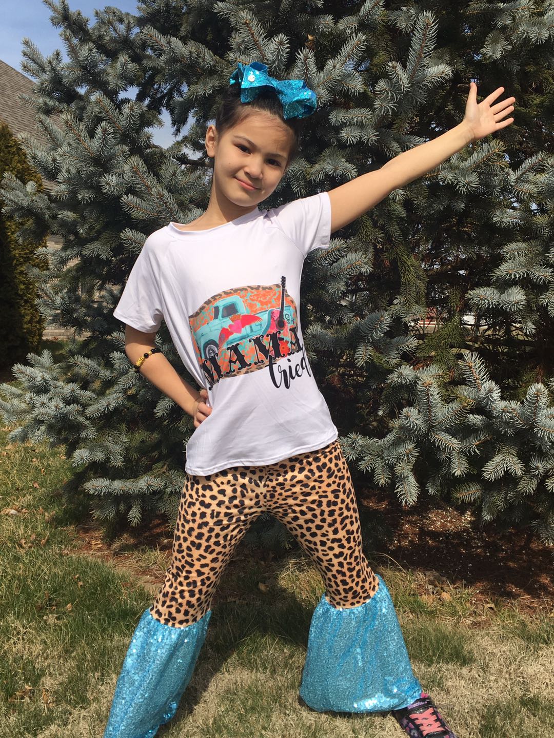 A6-11 Mama Tired Leopard Print Sequin Pants Girls Set