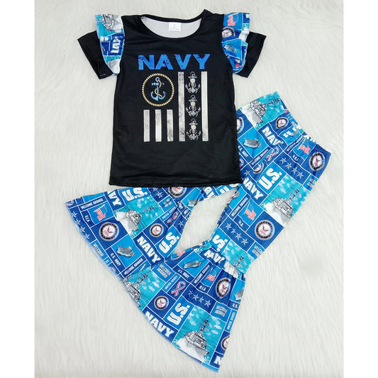 Blue And Black Navy Girls Short Sleeve Outfits