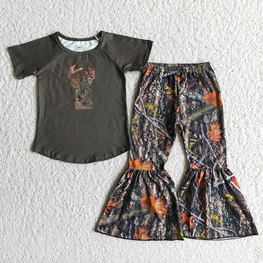 Camo Print Green Deer Short Sleeve Girls Set