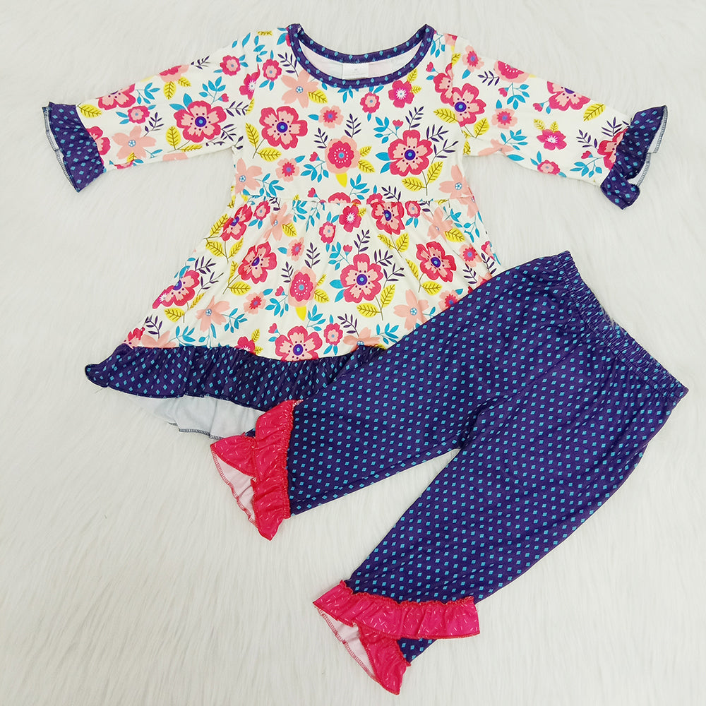 Floral Print Long Sleeve Blue Dots Pants Girls Outfits